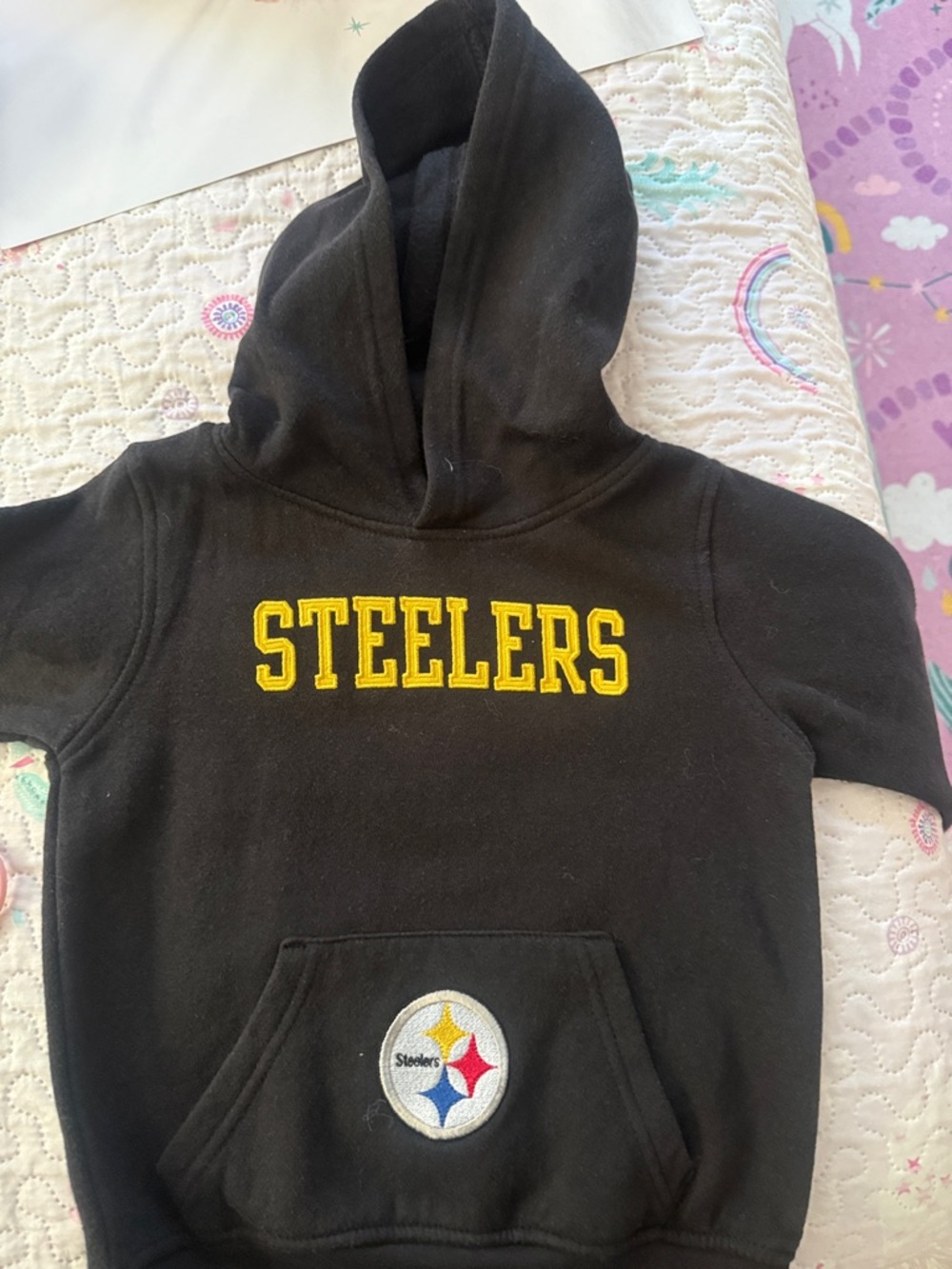 Kids Black Steelers Hooded Sweatshirt with Yellow Chest Lettering